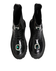 Dolce & Gabbana Black Crystal Embellished Combat Boots Shoes