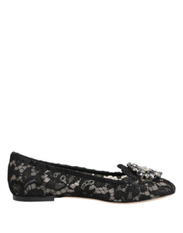 Dolce & Gabbana Black Taormina Lace Crystals Flats Shoes