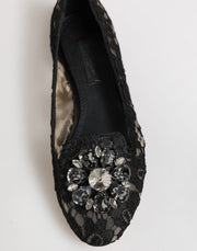 Dolce & Gabbana Black Taormina Lace Crystals Flats Shoes