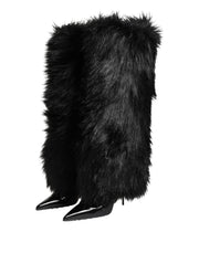 Dolce & Gabbana Black Faux Fur Pointed Knee High Stiletto Boots Shoes