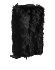 Dolce & Gabbana Black Faux Fur Pointed Knee High Stiletto Boots Shoes