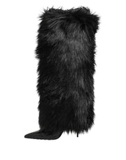 Dolce & Gabbana Black Faux Fur Pointed Knee High Stiletto Boots Shoes