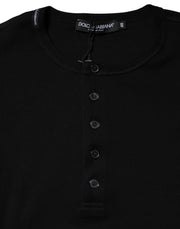 Dolce & Gabbana Black Cotton Knit Crew Neck Henley T-shirt