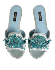 Dolce & Gabbana Silver Blue Leather Bead Embellish Slide Shoes
