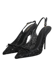 Dolce & Gabbana Black Tulle Ricamo Heels Slingbacks Shoes