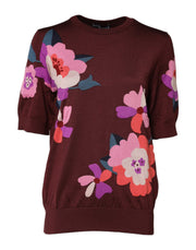 Dolce & Gabbana Maroon Floral Silk Crew Neck Blouse Top