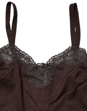 Dolce & Gabbana Dark Brown Lace Trim Wool Sleeveless Tank Top