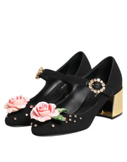 Dolce & Gabbana Black Flower Crystal Embellished Mary Jane Shoes
