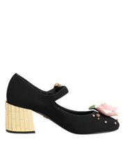 Dolce & Gabbana Black Flower Crystal Embellished Mary Jane Shoes