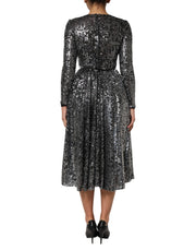 Dolce & Gabbana Black Sequined Long Sleeves Midi A-line  Dress