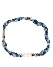 Dolce & Gabbana Blue White Braided Silver Metal Logo Beaded Men Bracelet