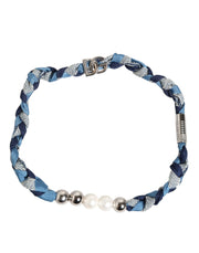 Dolce & Gabbana Blue White Braided Silver Metal Logo Beaded Men Bracelet