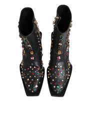 Dolce & Gabbana Black Crystal Cowboy Leather Men Boots Shoes