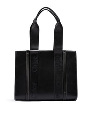 Chloé Black Woody Embroidered Logo Leather Medium Tote Bag