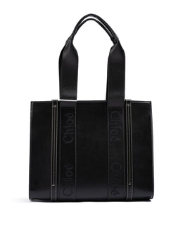 Chloé Black Woody Embroidered Logo Leather Medium Tote Bag