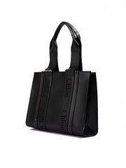 Chloé Black Woody Embroidered Logo Leather Medium Tote Bag