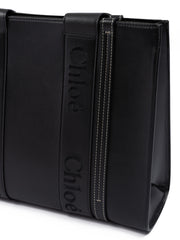 Chloé Black Woody Embroidered Logo Leather Medium Tote Bag