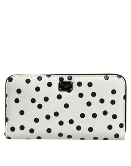 Dolce & Gabbana White Black Dotted Leather Zip Around Continental Wallet