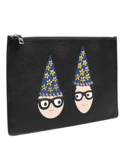 Dolce & Gabbana Black Leather #DGFAMILY Embellished Men Clutch Pouch Bag