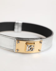 Dolce & Gabbana Silver Textured Leather Gold Tone Metal Neckband
