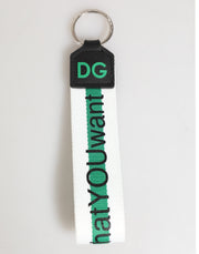 Dolce & Gabbana Green Logo Polyester Silver Brass Holder Keychain Keyring