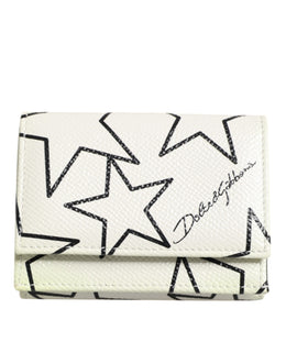 Dolce & Gabbana White Leather Trifold DG Star Print Card Holder Wallet