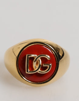 Dolce & Gabbana Gold Tone Real Brass Round Red DG Logo Men Ring