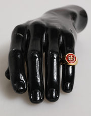 Dolce & Gabbana Gold Tone Real Brass Round Red DG Logo Men Ring