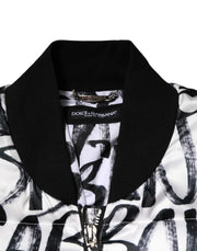 Dolce & Gabbana White Black Graffiti Logo Puffer Bomber Jacket