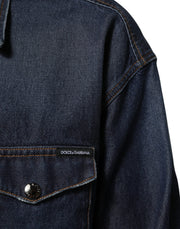Dolce & Gabbana Blue Denim Button Casual Logo Patch Men Shirt