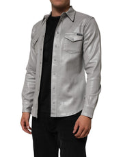 Dolce & Gabbana Gray Coated Cotton Snap Button Logo Men Shirt