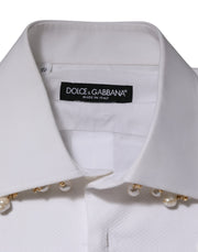 Dolce & Gabbana White Cotton DG Logo Pearl Chain Formal Shirt