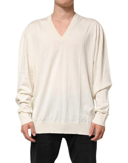 Dolce & Gabbana Ivory Virgin Wool Men V-Neck Knit Sweater