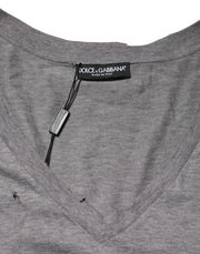 Dolce & Gabbana Gray Cotton Tattered Logo Patch Men T-shirt