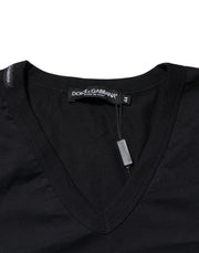 Dolce & Gabbana Black Cotton Plain V-Neck Men Shirt T-shirt