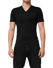 Dolce & Gabbana Black Cotton Plain V-Neck Men Shirt T-shirt