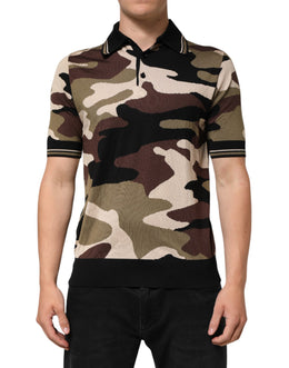 Dolce & Gabbana Camouflage Brown Silk Military Polo T-shirt