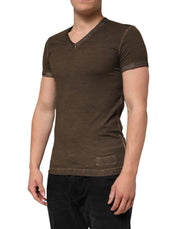 Dolce & Gabbana Dark Brown Cotton Tattered Logo Men T-shirt