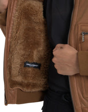 Dolce & Gabbana Brown Leather Fur Button Biker Coat Jacket