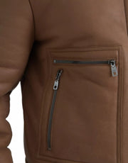 Dolce & Gabbana Brown Leather Fur Button Biker Coat Jacket