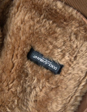 Dolce & Gabbana Brown Leather Fur Button Biker Coat Jacket