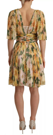 Dolce & Gabbana Yellow Floral Print Pleated Maxi Dress