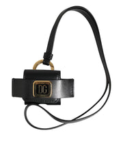 Dolce & Gabbana Black Leather Strap Gold Metal DG Logo Plaque Airpods Case
