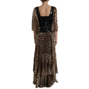 Dolce & Gabbana Leopard Print Silk Sequin Ruffle Maxi Dress