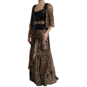 Dolce & Gabbana Leopard Print Silk Sequin Ruffle Maxi Dress