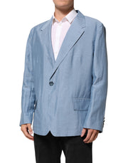 Dolce & Gabbana Light Blue Linen Double Breasted Men Jacket Blazer