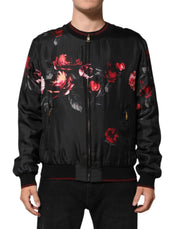 Dolce & Gabbana Black Red Floral Silk Bomber Blouson Jacket