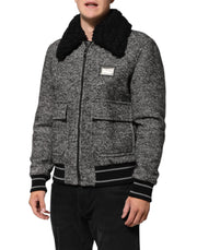 Dolce & Gabbana Gray Wool Herringbone Shearling Collar Bomber Jacket