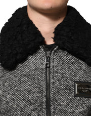 Dolce & Gabbana Gray Wool Herringbone Shearling Collar Bomber Jacket
