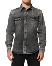 Dolce & Gabbana Black Washed Cotton Snap Long Sleeve Casual Shirt